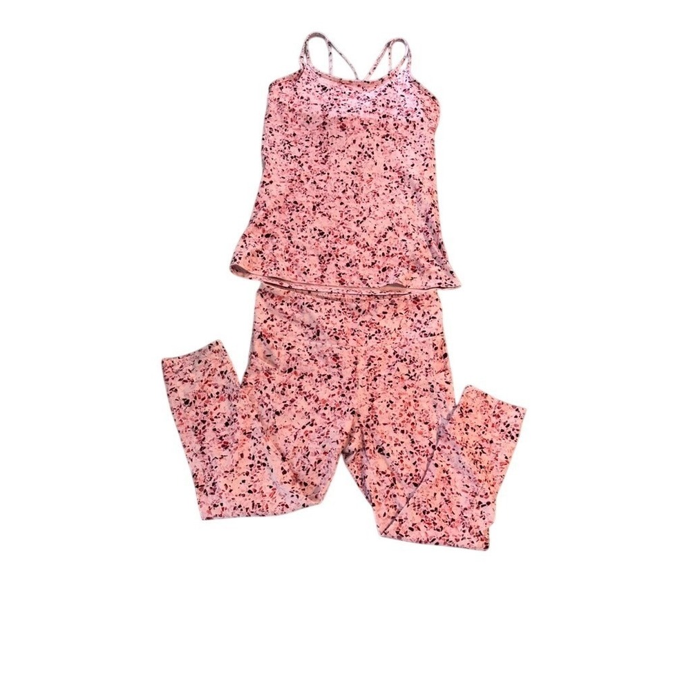 Gaiam Womens Pink Terrazzo Print Activewear Set Strappy Tank & Leggings